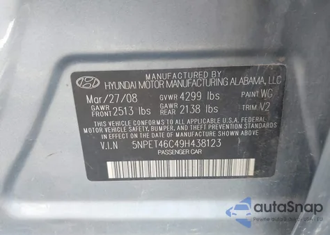 2009 Hyundai Sonata Gls из США, поврежденный, VIN 5NPET46C49H438123